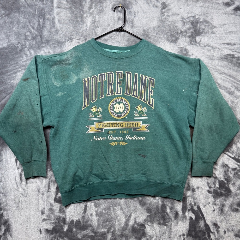 Notre Dame Sweatshirt Mens XL Green Fighting Irish Vintage Distressed NCAA Crew